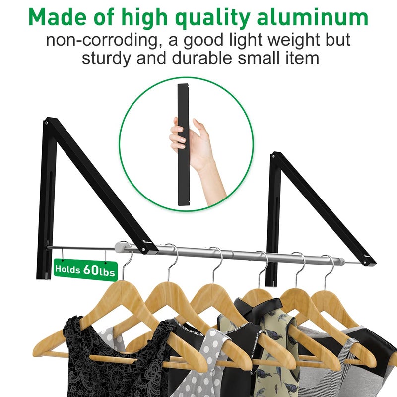 Anjuer Retractable Clothes Rack - Wall Mounted Folding Clothes Hanger Drying Rack for Laundry Room Closet Storage Organization, Aluminum, 2 Racks with Rod (Black) - Image 2